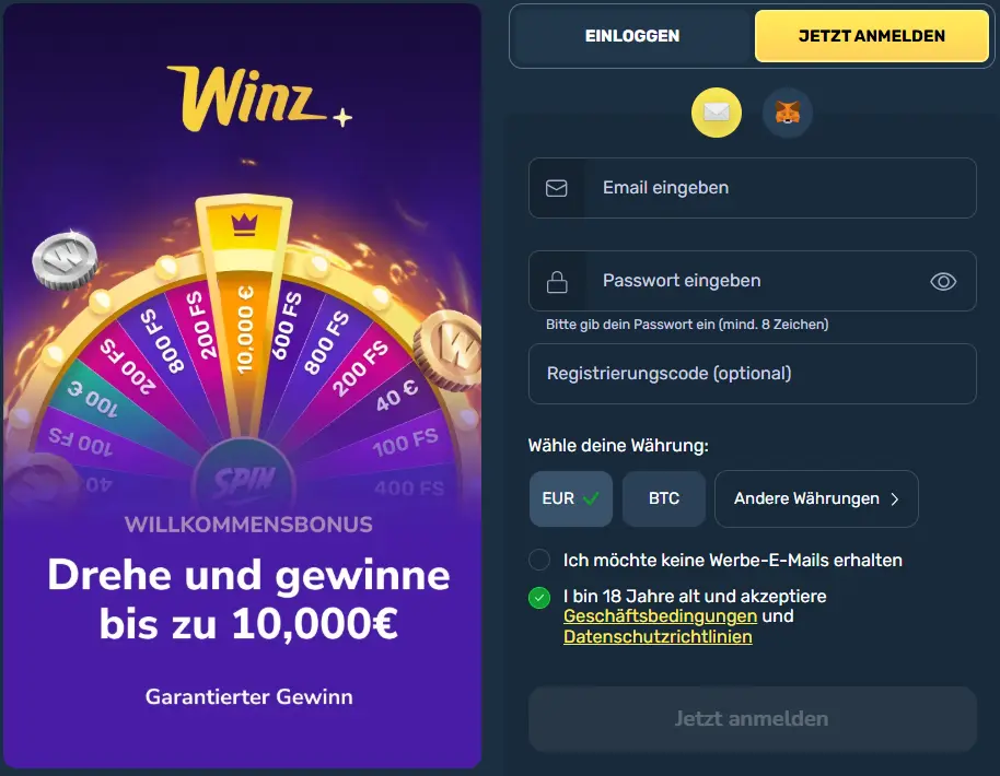 Die Seite um sich zu Winz registrieren